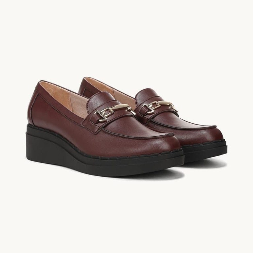LifeStride Dolce Bit Wedge Loafer Wine Red Faux Leather Shoes Womens 11 Wide NEW